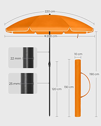 Umbrela de Plaja 2 m, Umbrela de Soare, Protectie Solara cu UPF 50+, Canopie Octogonala din Poliester Portabila, Spiroizi din Fiberglass, Mecanism de inclinare, Geanta de Transport, pentru Plaja, Gradina, Balcon, Piscina, Portocaliu SONGMICS