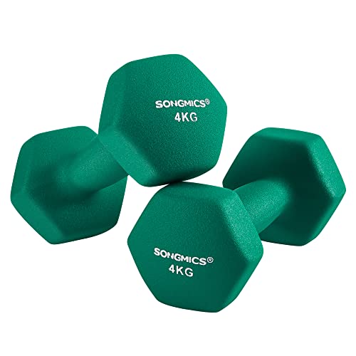 Set de gantere , 2 x 4 kg, gantere din neopren, antrenamente la sala acasa, rezistente la apa si anti-alunecare cu finisaj mat, 20,5 x 9 cm, verde SONGMICS