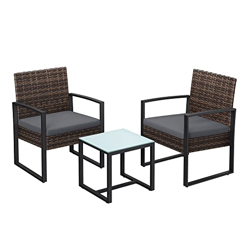 Set de Mobilier pentru Balcon  , Set de Lounge din PE Poliratan, Masa si 2 Scaune, Mobilier de Curte, Montaj Usor, pentru Exterior, pentru Patio, Balcon, Gradina, Negru/Gri SONGMICS