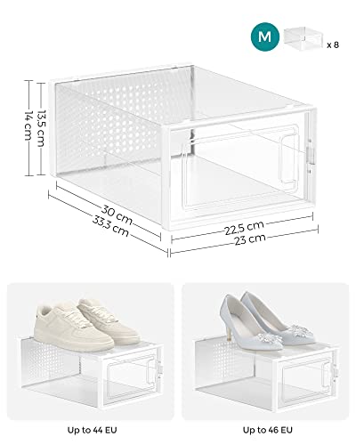 Cutii pentru Pantofi, Set de 8 Organizatoare de Stocare pentru Pantofi, Suprapunere si Pliabile, Potrivite pentru Sneakers pana la Marimea 45, Transparent si Alb SONGMICS