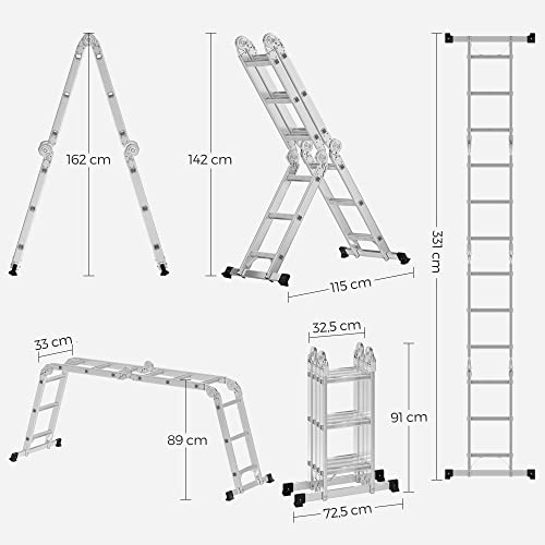 Scara de 3.5 metri, Scara multifunctionala din aluminiu cu 2 placi metalice si 12 trepte, Articulata, Suporta pana la 150 kg, Argintie, SONGMICS