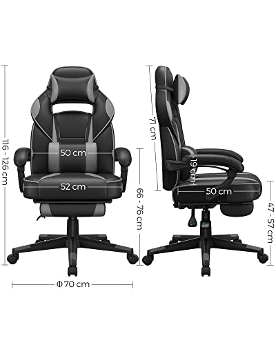 Scaun de Birou de Gaming cu Suport pentru Picioare, Scaun de Birou cu Suport pentru Cap si Perne Lombare, Ajustare a inaltimii, Ergonomic, Unghi de inclinare 90-135°, Capacitate de incarcare 150 kg Negru + Gri SONGMICS