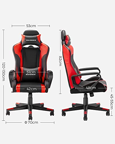 Scaun de Gaming, Scaun de Calculator, Scaun de Birou, Tetiera Detasabila, Perna Lombara, Reglabil pe inaltime, Functie de Leganare, Capacitate Maxima de 150 kg, Ergonomic, Negru/Rosu SONGMICS