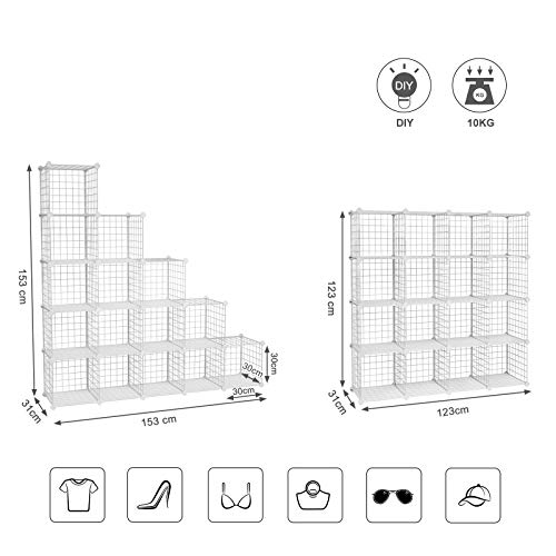 Organizator de depozitare metalic cu 16 cuburi, Dulap modular DIY si grile de rafturi din sarma, rafturi din plasa metalica si suport, Alb SONGMICS