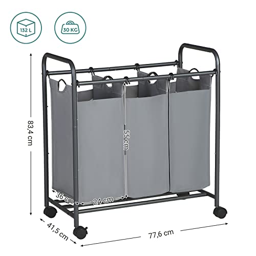 Sortator de rufe cu role, Cos de rufe cu 3 saci detasabili, Carucior pentru rufe, Organizator pentru jucarii cu roti, Stabil, 3 x 44L, Gri SONGMICS