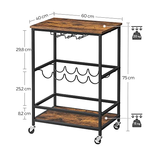 Tava Bucatarie Pe Roti cu Rafturi pentru Sticla si Sticle, 60 x 40 x 75 cm, Design Industrial Vintage Maro/Negru, VASAGLE