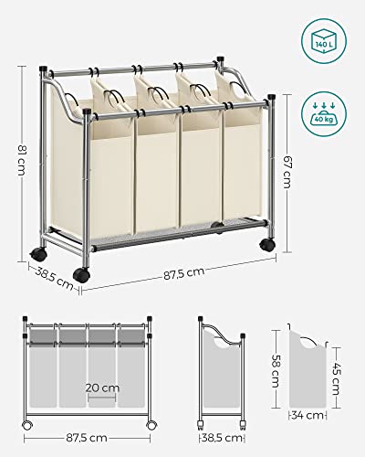 Sorter de Rufe cu Roti , Cos de Rufe cu 4 Saci Detasabili, Cos pentru Rufe, Troler pentru Rufe, pentru Camera de Spalat, Dormitor, Baie, 4 x 35L, Bej SONGMICS