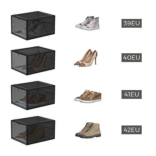 Cutii pentru Pantofi, Organizatoare de Stocare pentru Pantofi din Plastic cu Usi Transparente, Set de 6, Suprapunere, Asamblare Usoara, 27 x 34.5 x 19 cm, Potrivite pentru Marimea 45 UK, Negre SONGMICS