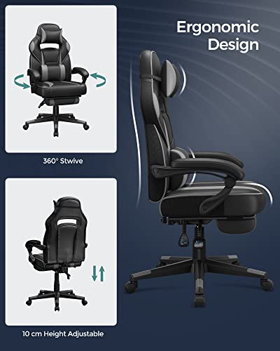 Scaun de Birou de Gaming cu Suport pentru Picioare, Scaun de Birou cu Suport pentru Cap si Perne Lombare, Ajustare a inaltimii, Ergonomic, Unghi de inclinare 90-135°, Capacitate de incarcare 150 kg Negru + Gri SONGMICS