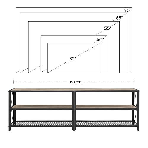 Stand TV, Masuta TV pentru Televizoare de pana la 70 de Inch, cu Rafturi, Cadru din Otel, Mobilier pentru Camera de Zi, Dormitor, Gri si Negru, VASAGLE