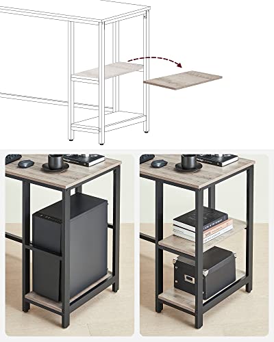 Birou calculator pe colt, in forma de L, cu 2 rafturi, cadru metalic, usor de asamblat, industrial, gri si negru, 88 x 138 x 76 cm, Vasagle