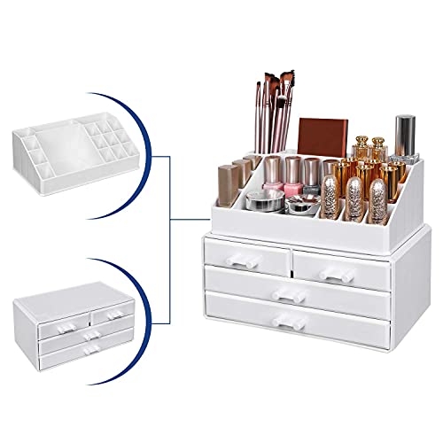 Organizator Cosmetice, Suport de Depozitare pentru Machiaj cu 4 Sertare si 16 Compartimente de Dimensiuni Diferite, Pernite Antiderapante, pentru Machiaj si Accesorii de Bijuterii, Alb SONGMICS