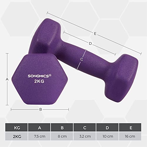 Set de gantere , 2 x 2 kg, gantere nealunecatoare cu acoperire mata din neopren, antrenament acasa, antrenament de forta, mov SONGMICS