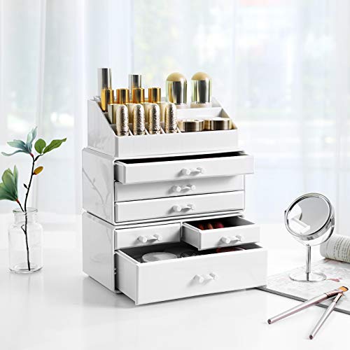 Organizator Mare din Acrilic pentru Machiaj, Cutie pentru Cosmetice cu 6 Sertare, pentru Palete, Pensule, Fond de Ten, Rujuri, Oje, Agrafe de Par, Cadou Minunat pentru Cei Dragi, Alb SONGMICS