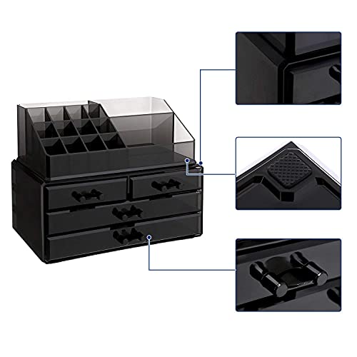 Organizator de Machiaj din Acrilic, Cutie de Depozitare pentru Machiaj, Caz de Afisare Cosmetic, cu 4 Sertare, pentru Pensule, Palete, Rujuri, Oja, Cadou, Negru SONGMICS