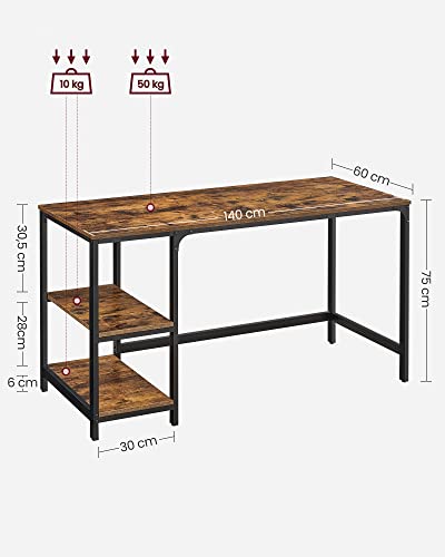 Birou calculator, cu 2 rafturi pe stanga sau dreapta, cadru de otel, design industrial, maro rustic - negru, 140 x 60 x 75 cm, Vasagle