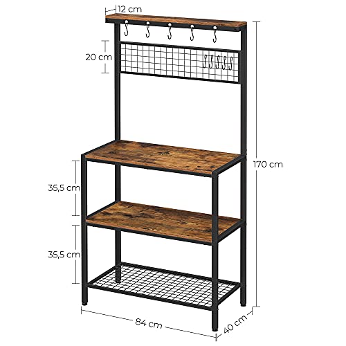 Rack de Bucatar Industrial , Unitate de Bucatarie cu Polite de Depozitare, 10 Carlige si Polita cu Plasa Metalica, Polita pentru Cuptorul cu Microunde si Ustensile, 84 x 40 x 170 cm, Maro Rustic, VASAGLE