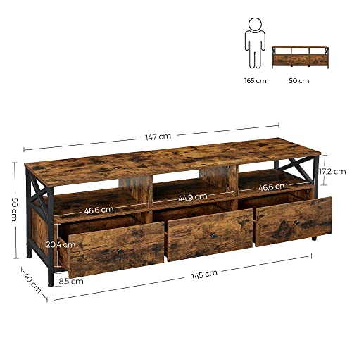 Stand TV, Masuta TV pentru Televizoare de pana la 65 de Inch, cu 3 Sertare si 3 Rafturi Deschise, 40 x 147 x 50 cm, pentru Camera de Zi, Dormitor, Cadru din Otel, Maro Rustic si Negru, VASAGLE