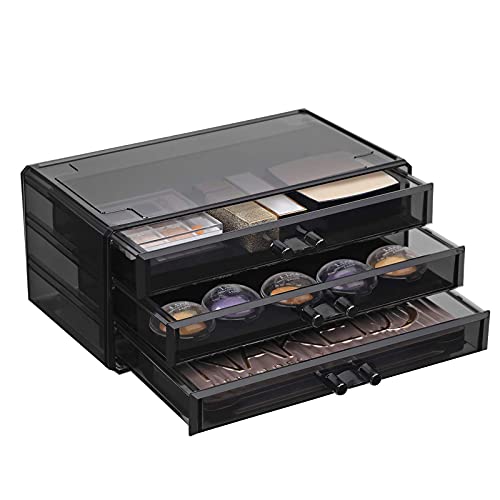 Organizator Mare din Acrilic pentru Machiaj, Cutie pentru Cosmetice cu 6 Sertare, pentru Palete, Pensule, Fond de Ten, Rujuri, Oje, Agrafe de Par, Cadou Minunat pentru Cei Dragi, Negru SONGMICS