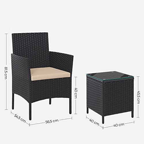 Set de Mobilier pentru Balcon  , Mobilier de Gradina din PE Poliratan, Set de Lounge cu Masa si 2 Scaune, Mobilier de Gradina pentru Balcon si Curte, Negru Bej SONGMICS