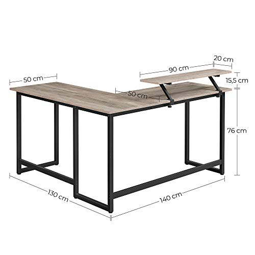 Birou calculator pe colt, in forma de L, cu suport pentru monitor, cadru metalic, usor de asamblat, industrial, gri si negru, 130 x 140 x 76 cm, Vasagle