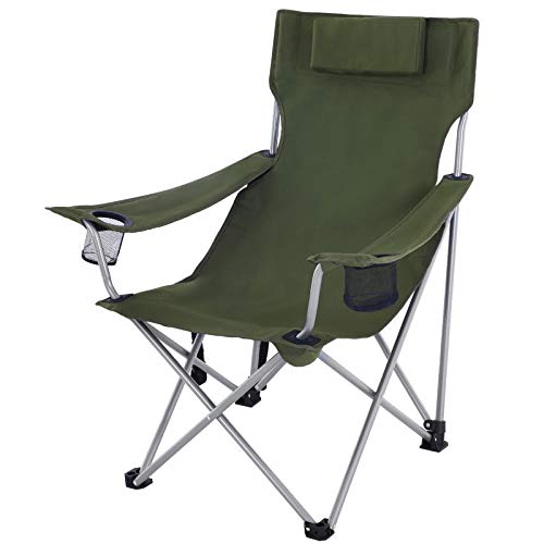 Scaun pliabil pentru camping, Scaun de exterior cu suport pentru brate, tetiera si suport pentru pahar, Structura stabila, Capacitate maxima de 150 kg, Verde SONGMICS