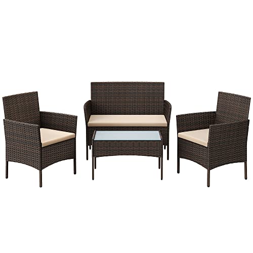 Set de Mobilier pentru Balcon  , Mobilier de Gradina din PE Poliratan, Set de Lounge pentru Curte cu Masa si Scaune, Mobilier de Gradina pentru Balcon si Curte, Maro Bej SONGMICS