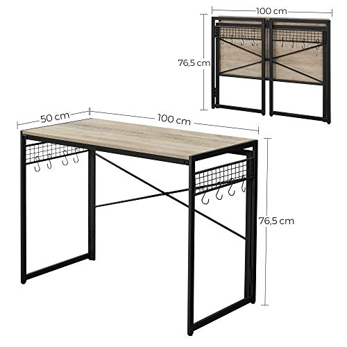 Birou pentru calculator, birou de scris pliabil cu 8 carlige, statie de lucru desktop pentru studiu, fara unelte necesare, stil industrial, pentru birou la domiciliu, laptop si PC, gri si negru, VASAGLE