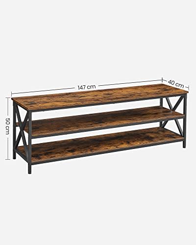 Stand TV, Masuta TV, Consola TV pentru Televizoare de pana la 65 de Inch, cu Rafturi Deschise, Cadru din Otel in Forma de X, Design Industrial in Stil Rustic, 147 x 40 x 50 cm, Maro Rustic si Negru, VASAGLE