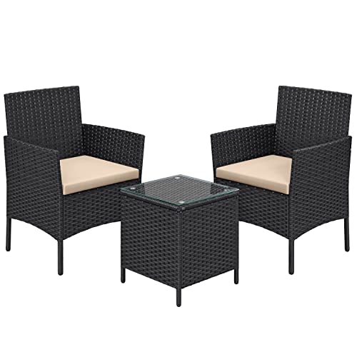 Set de Mobilier pentru Balcon  , Mobilier de Gradina din PE Poliratan, Set de Lounge cu Masa si 2 Scaune, Mobilier de Gradina pentru Balcon si Curte, Negru Bej SONGMICS