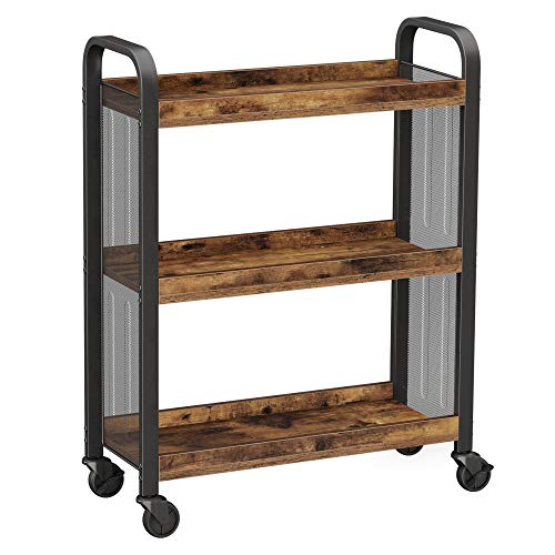 Carucior de bucatarie, carucior rulant, carucior de servire cu roti universale picioare de nivelare, structura din otel, 26 x 66 x 85 cm, pentru bucatarie, sufragerie, maro rustic