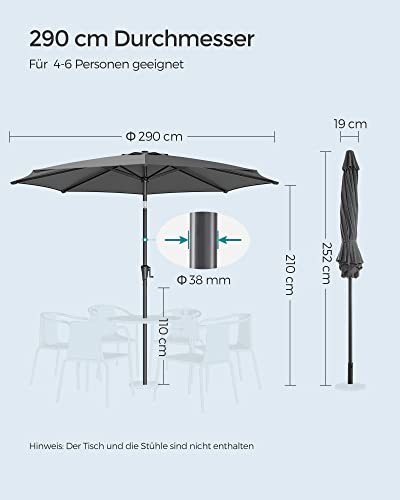 Umbrela de Gradina de 290 cm, Protectie UPF 50+, Parasolar de Soare, inclinare la 30° in 2 Directii, Manivela pentru Deschidere si inchidere, pentru Gradini in Aer Liber, Piscine, Balcoane, Terasa, Baza nu este Inclusa, Gri SONGMICS