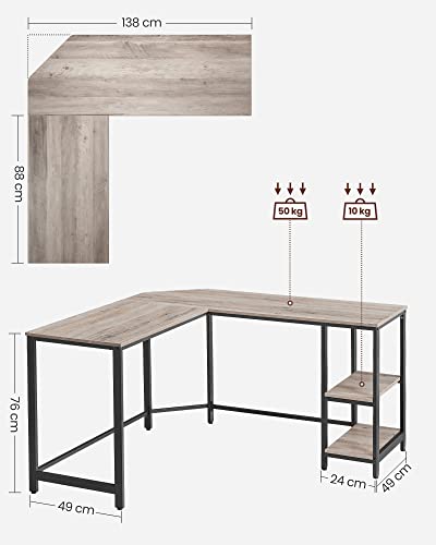 Birou calculator pe colt, in forma de L, cu 2 rafturi, cadru metalic, usor de asamblat, industrial, gri si negru, 88 x 138 x 76 cm, Vasagle