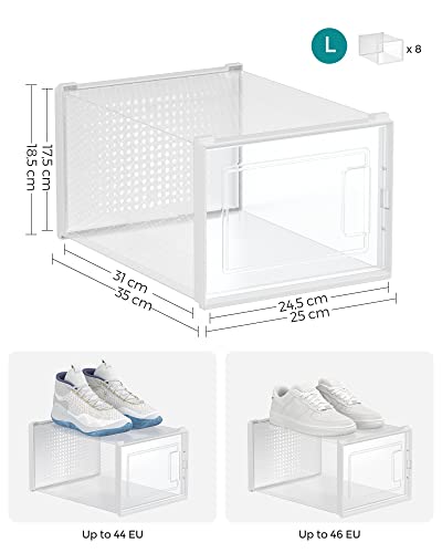 Cutii pentru Pantofi, Set de 8 Organizatoare de Stocare pentru Pantofi, Suprapunere si Pliabile, Potrivite pentru Sneakers pana la Marimea 45, Transparent si Alb, 35x25x18.5cm, SONGMICS