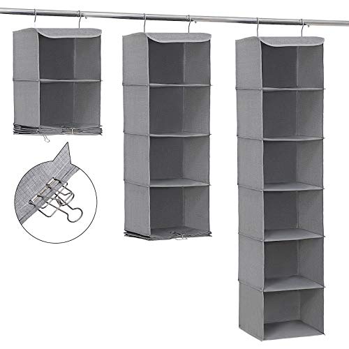 Organizator de depozitare suspendat cu 6 rafturi pentru garderoba + 2 cleme, Gri 30 x 30 x 130 cm (L x l x i) SONGMICS