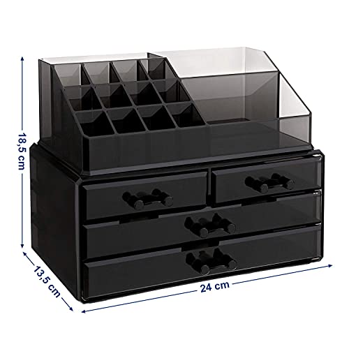 Organizator de Machiaj din Acrilic, Cutie de Depozitare pentru Machiaj, Caz de Afisare Cosmetic, cu 4 Sertare, pentru Pensule, Palete, Rujuri, Oja, Cadou, Negru SONGMICS