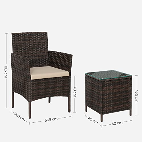 Set de Mobilier pentru Balcon  , Mobilier de Gradina din PE Poliratan, Set de Lounge cu Masa si 2 Scaune, Mobilier de Gradina pentru Balcon si Curte, Maro Bej SONGMICS