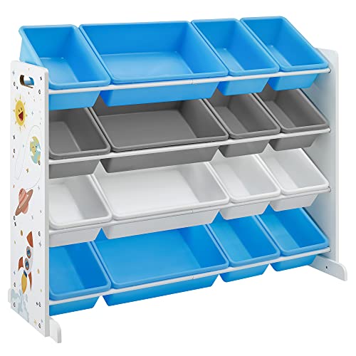 Unitate de Depozitare pentru Jucarii, Organizator Mare pentru Copii cu 16 Cutii din Plastic Detasabile, pentru Camera Copiilor, Camera de Joaca, Sufragerie, Alb, Albastru si Gri SONGMICS