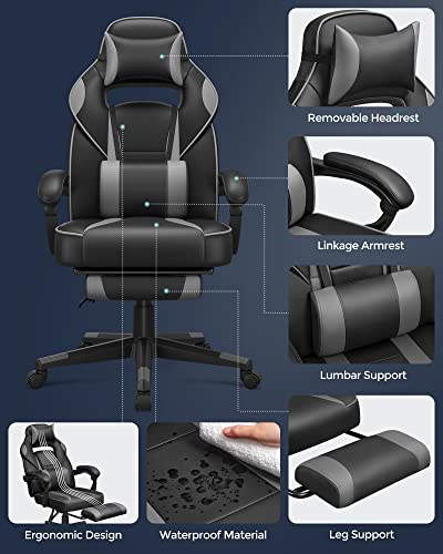 Scaun de Birou de Gaming cu Suport pentru Picioare, Scaun de Birou cu Suport pentru Cap si Perne Lombare, Ajustare a inaltimii, Ergonomic, Unghi de inclinare 90-135°, Capacitate de incarcare 150 kg Negru + Gri SONGMICS