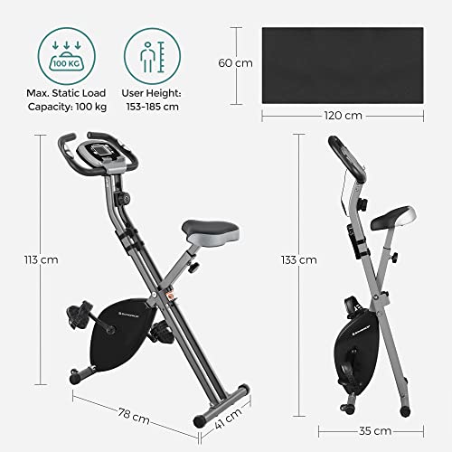 Bicicleta de exercitii, bicicleta de fitness, antrenor interior pliabil, 8 nivele de rezistenta magnetica, cu covoras, senzor de puls, suport pentru telefon, greutate maxima de 100 kg, neagra SONGMICS