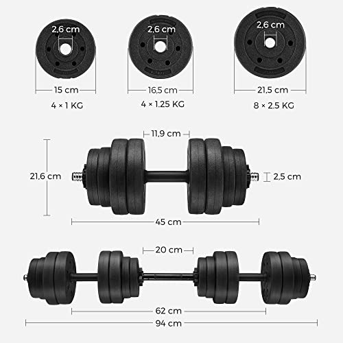 Set de gantere  2 in 1, 2 gantere ajustabile de 15 kg cu bara suplimentara pentru barbell, placi de greutate acoperite cu plastic, exercitii de fitness, sala de sport la domiciliu, negru SONGMICS