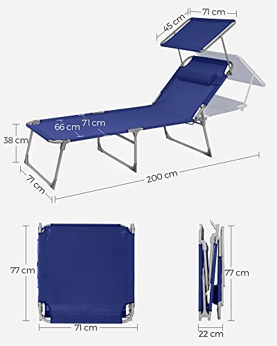 sezlong, sezlong mare cu spatar reclinabil, 71 x 200 x 38 cm, Capacitate de incarcare 150 kg, cu tetiera, spatar reglabil, umbrela de soare, pliabil, pentru gradina, Albastru inchis SONGMICS