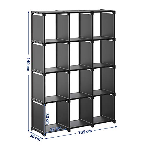 Depozitare cu cuburi, Biblioteca cu 12 cuburi, Organizator de dulap DIY, Raft de depozitare in camera de zi, camera de copii, baie, 105 x 30 x 140 cm, Include ciocan din cauciuc, Negru SONGMICS