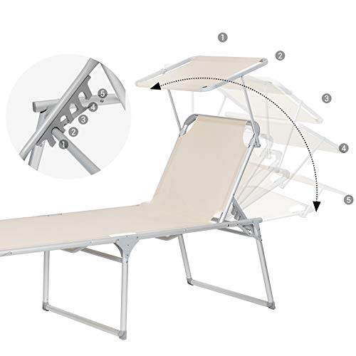 sezlong, sezlong mare cu spatar reglabil, 65 x 200 x 48 cm, Capacitate de incarcare 150 kg, cu spatar reglabil, umbrela de soare, pliabil, pentru gradina, Balcon, Terasa, Bej SONGMICS