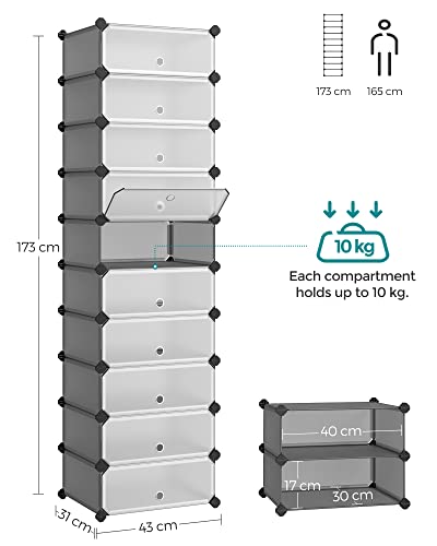 Raft pentru Pantofi cu imbinare, Organizator de Depozitare Rectangular, Unitate de Rafturi Modulare DIY cu 10 Compartimente, 40 x 30 x 17 cm pentru Fiecare Compartiment, Dulap din Plastic cu Usi, Gri SONGMICS