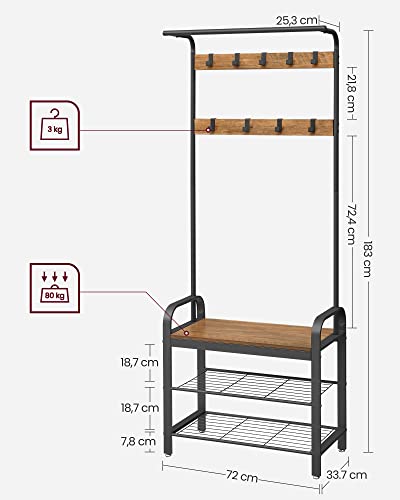 Cuier, Stand de haine cu banca pentru depozitarea pantofilor, Design 4-in-1, cu 9 carlige detasabile, un suport pentru haine, pentru Hol, Intrare, 33.7 x 77 x 183 cm, Modern, Nuc Rustic si Negru, VASAGLE