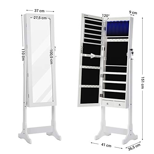 Dulap pentru Bijuterii  cu Iluminare LED, Armoire cu Oglinzi de Lungime Integrala pentru Bijuterii, Organizator de Bijuterii cu inchidere si 2 Sertare, Solid si Elegant, Cadou Ideal, Alb SONGMICS