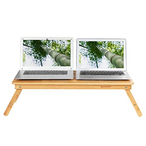 Masa Laptop  din Bambus, Tava Pliabila pentru Pat, Potrivita pentru Stangaci si Dreptaci, Tava Reglabila pentru Canapea, 72 x (21-29) x 35 cm (L x i x A), cu 5 Unghiuri de inclinare, Gauri de Aerisire, Sertar Mic SONGMICS