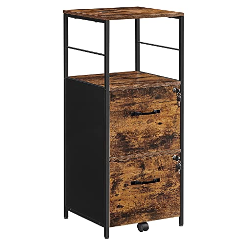 Cabinet de Fisiere  pentru Birou la Domiciliu, Cabinet de Arhivare cu 2 Sertare, Raft Deschis, Cadru din Otel, pentru Fisiere A4 si Scrisori, Suport pentru Imprimanta, Stil Industrial, Maro Rustic si Negru, VASAGLE