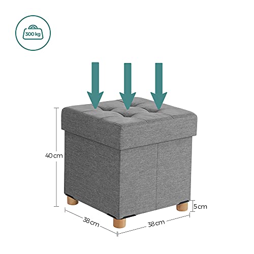 Ottoman de depozitare, Puf pliabil cu capac, Picioare din lemn masiv, Economisire de spatiu, Suporta pana la 300 kg, pentru dormitor, hol, camera de copii, Gri deschis SONGMICS